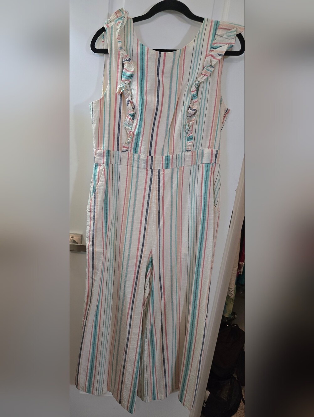 A.U.W. As U Wish Striped Wide Leg Ruffle Jumpsuit 100% Cotton Size 12